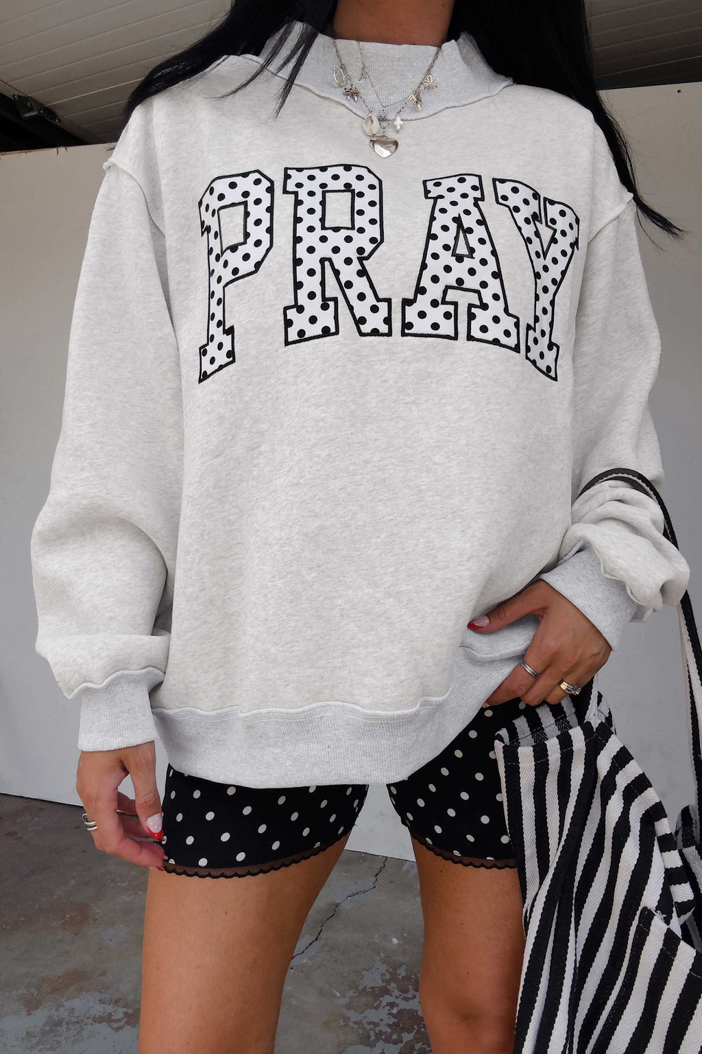 Polka dot embroidered mock neck sweatshirt by Dear-Lover with coffee pray design, casual top for stylish comfort.