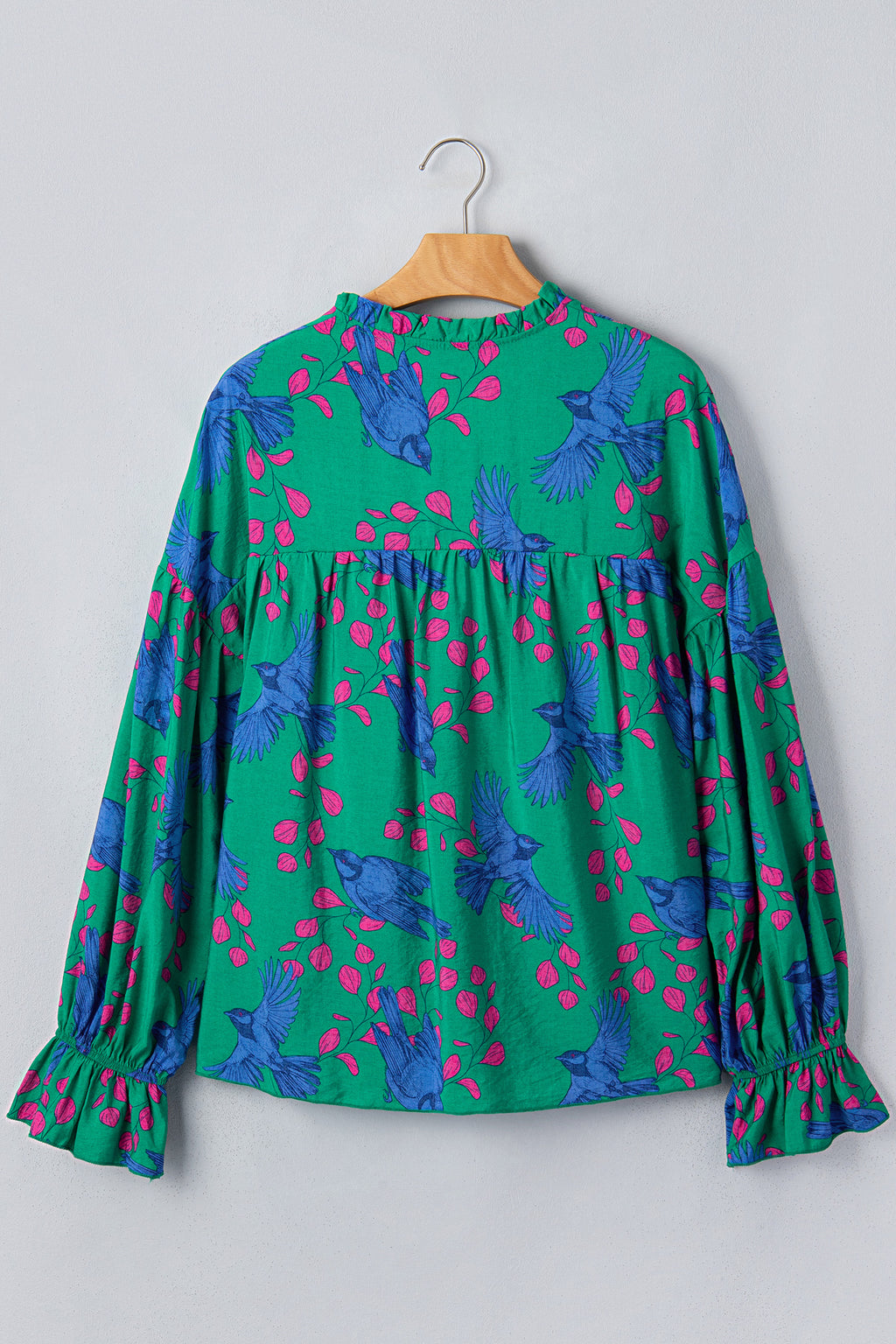 Green Abstract V-Neck Flounced Puff Sleeve Blouse