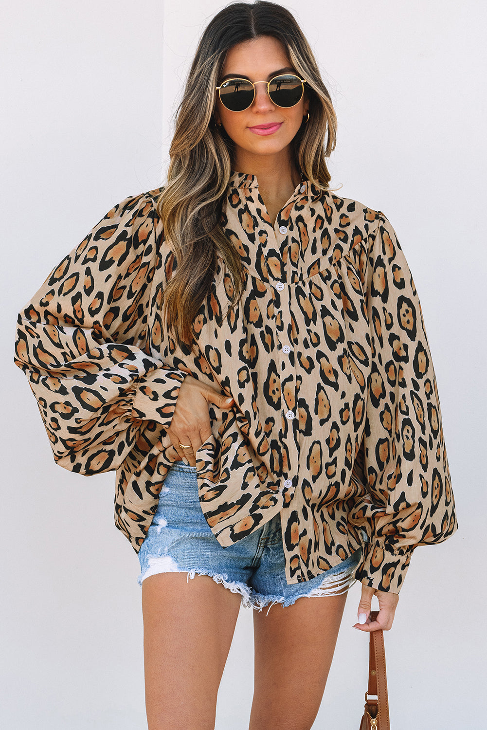 French Beige Leopard Balloon-Sleeve Shirt