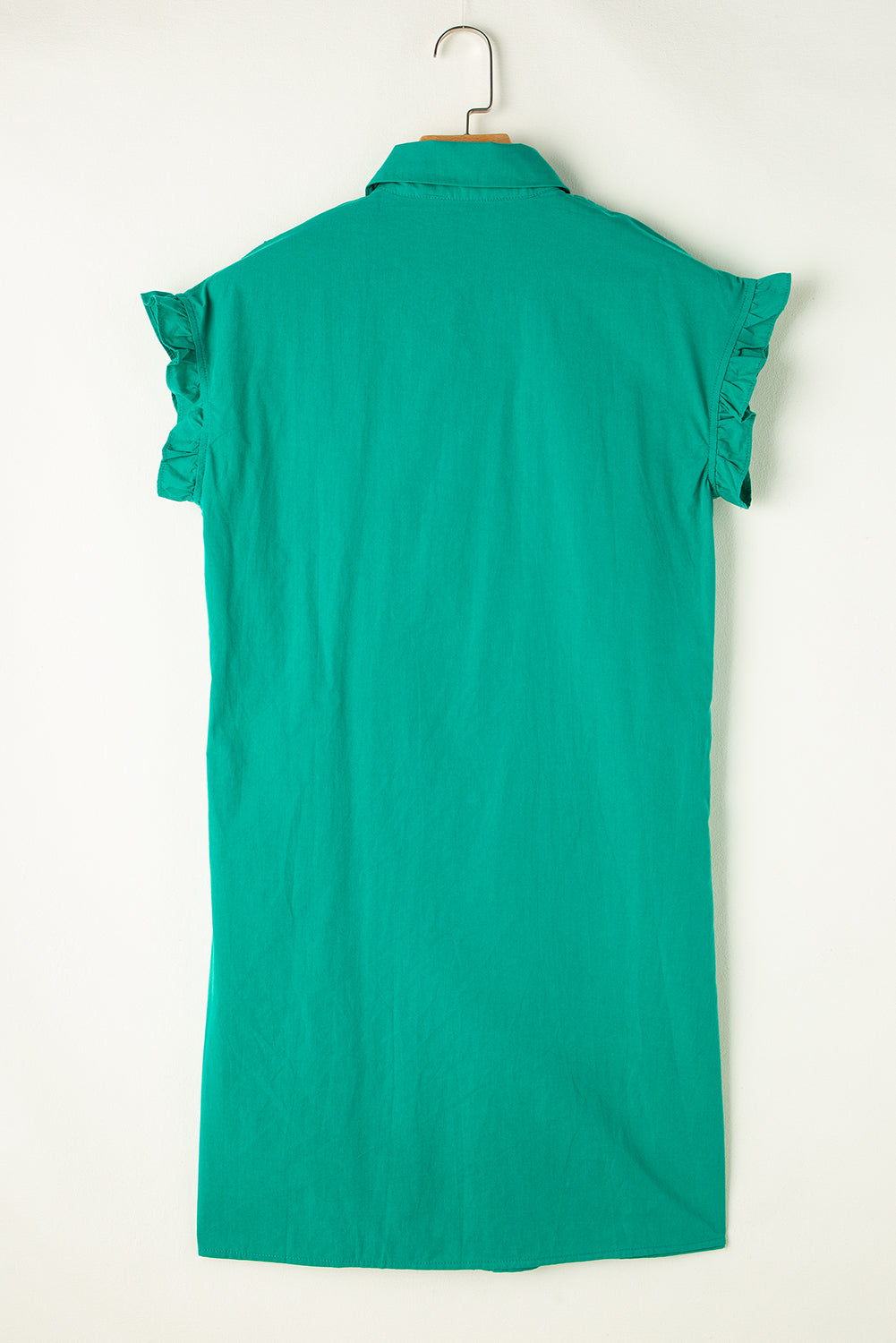 Bright green shirred ruffle sleeve button-up short dress by Dear-Lover with a stylish, casual fit and playful ruffle details.