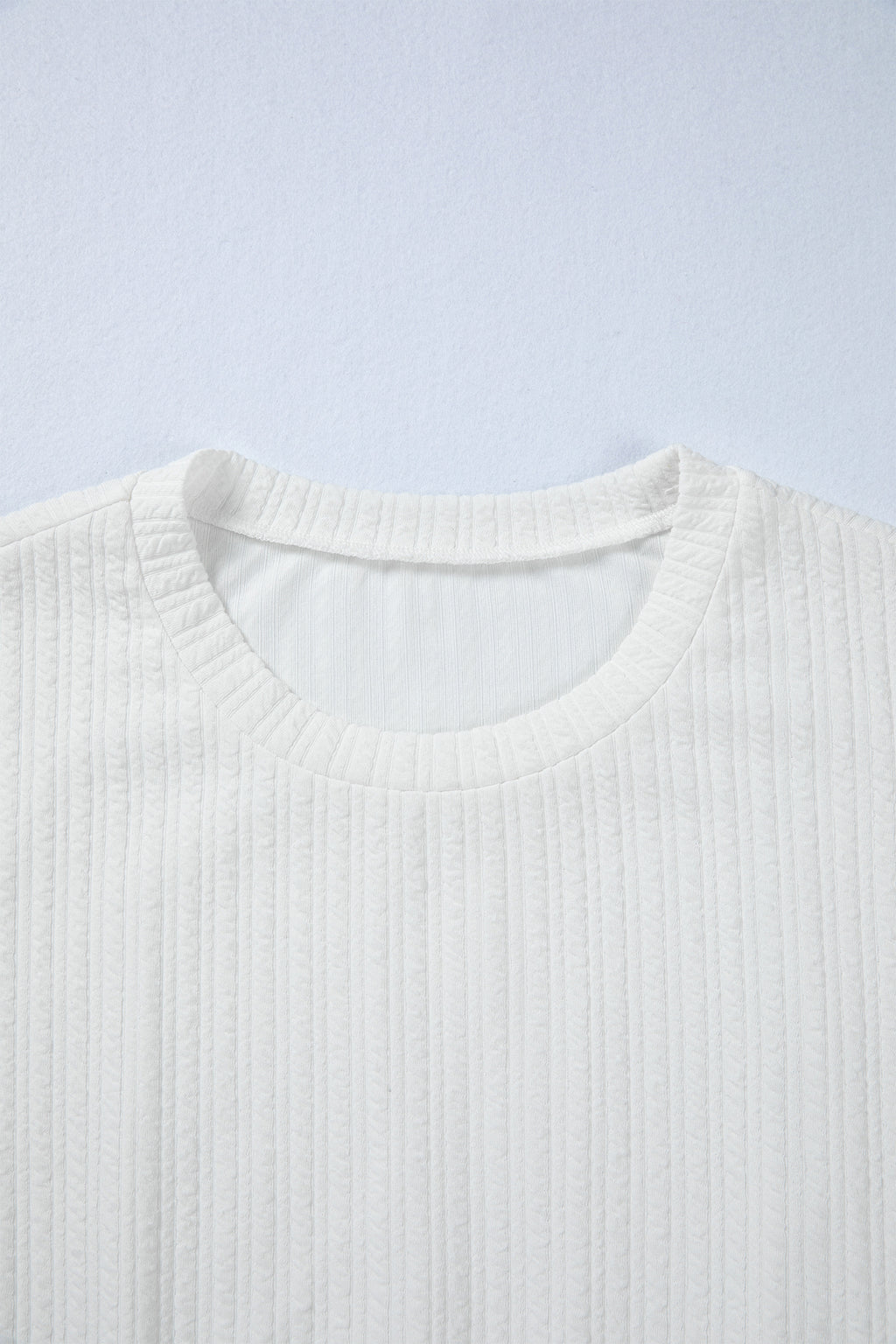 White Solid Color Textured Drop Shoulder Long Sleeve Peplum Top
