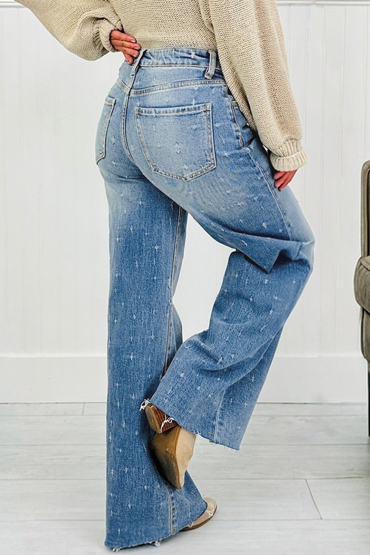 Mist Blue distressed detail tummy control raw hem jeans by Dear-Lover, featuring a fitted style with raw hem and distressed accents.