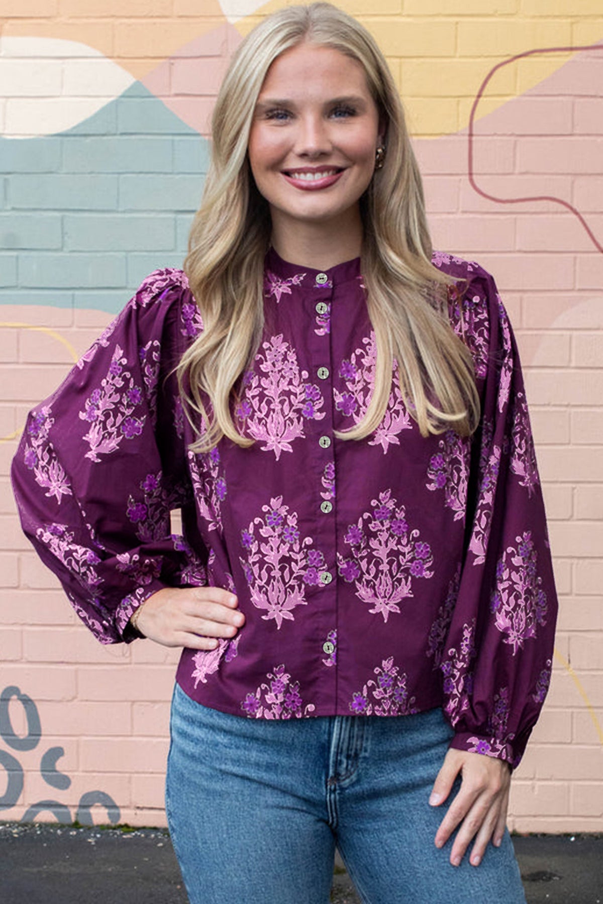 Purple Floral Button-Front Long Puff Sleeve Shirt