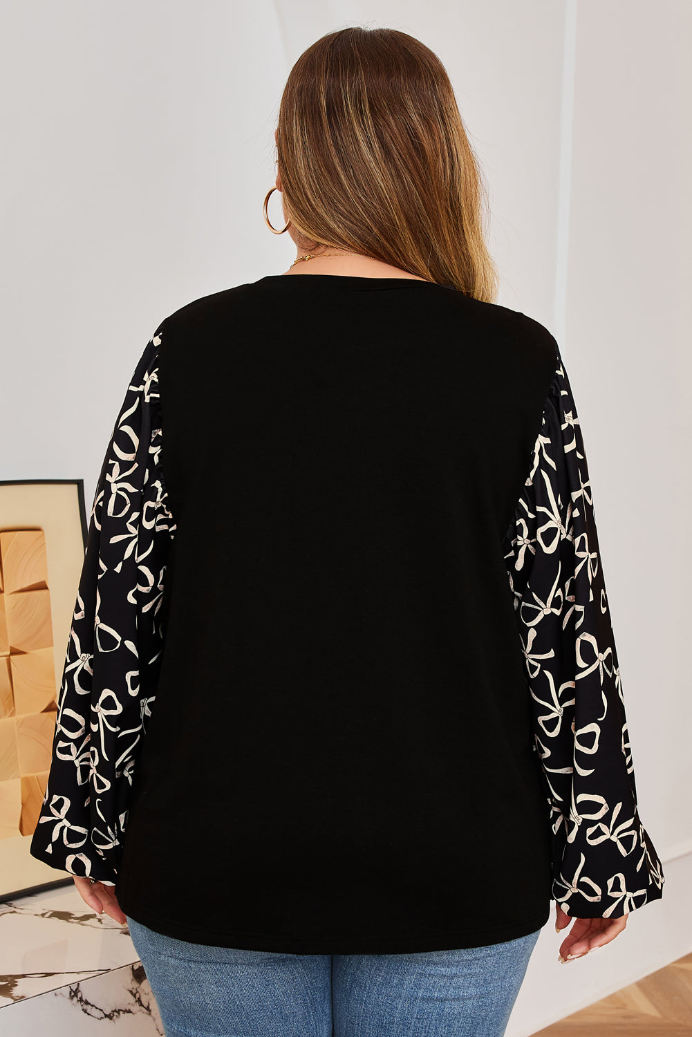 Black bow knot patchwork plus size crewneck blouse by Dear-Lover, featuring a stylish design with a comfortable fit.