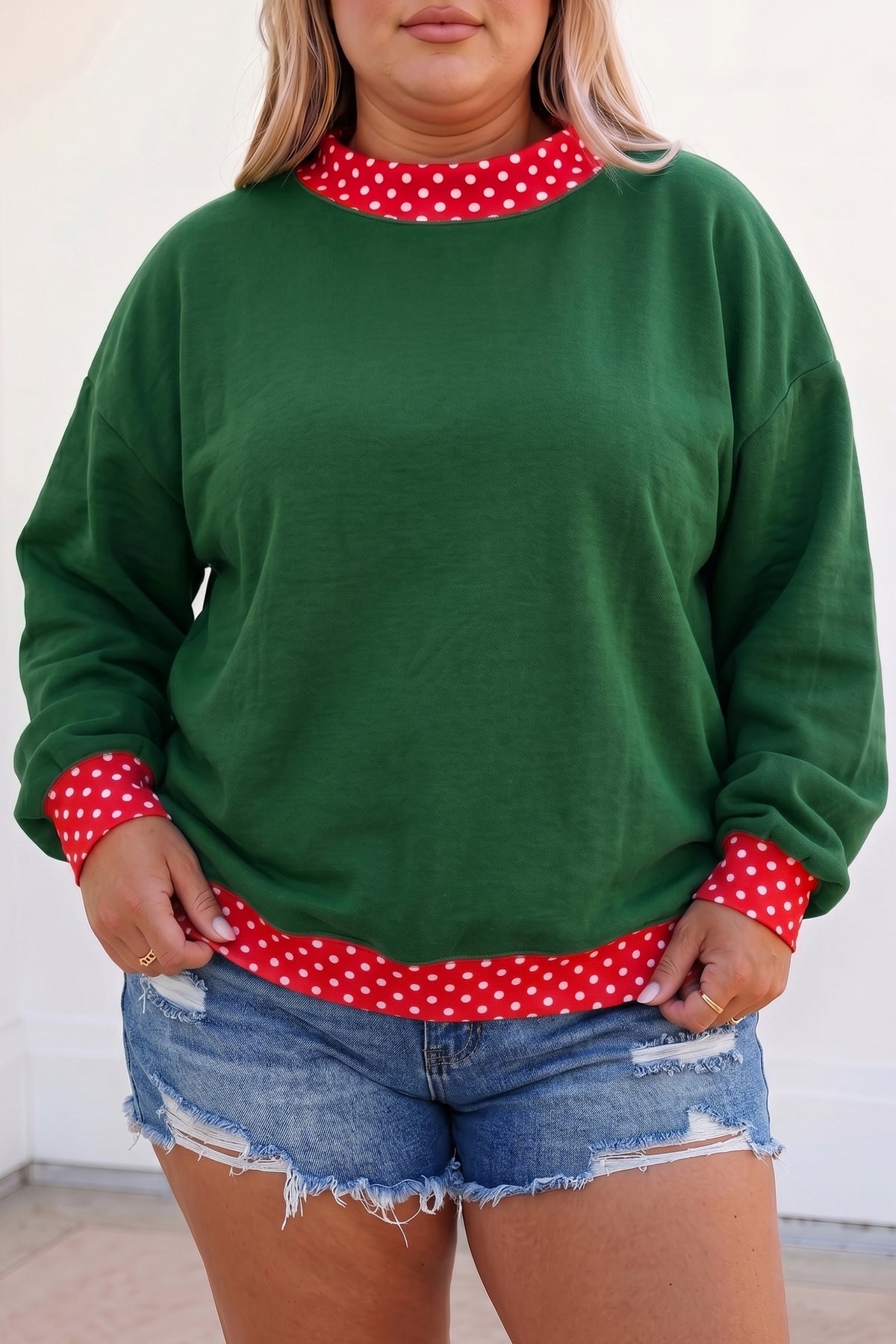 Burgundy polka dot patchwork plus size sweatshirt with round neck from Dear-Lover, featuring a comfortable fit and stylish design.
