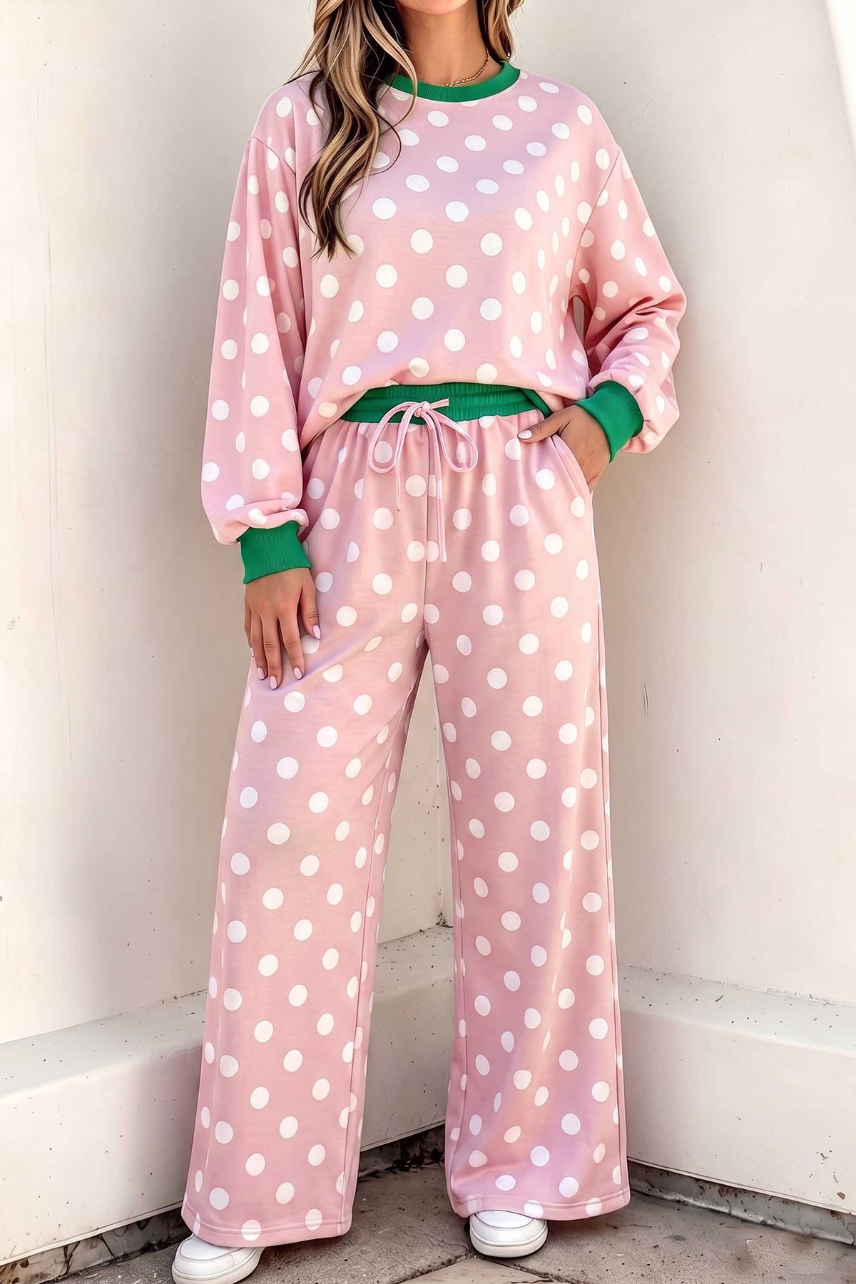 Polka Dot Contrast Trim Pant Set