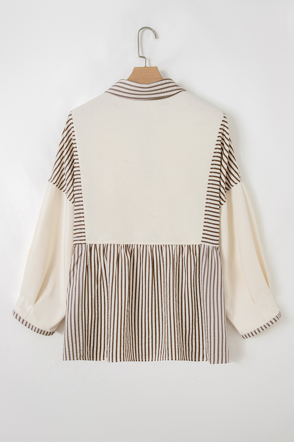 Khaki Stripe Plus Size Color Block Patchwork Half Button Long Sleeve Peplum Blouse