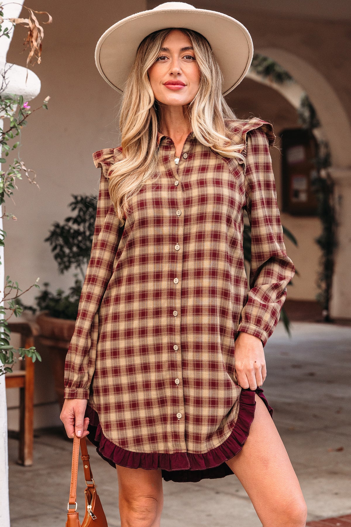 Red plaid print ruffled long sleeve mini shirt dress with patchwork hem, stylish Dear-Lover dress for casual or semi-formal wear.