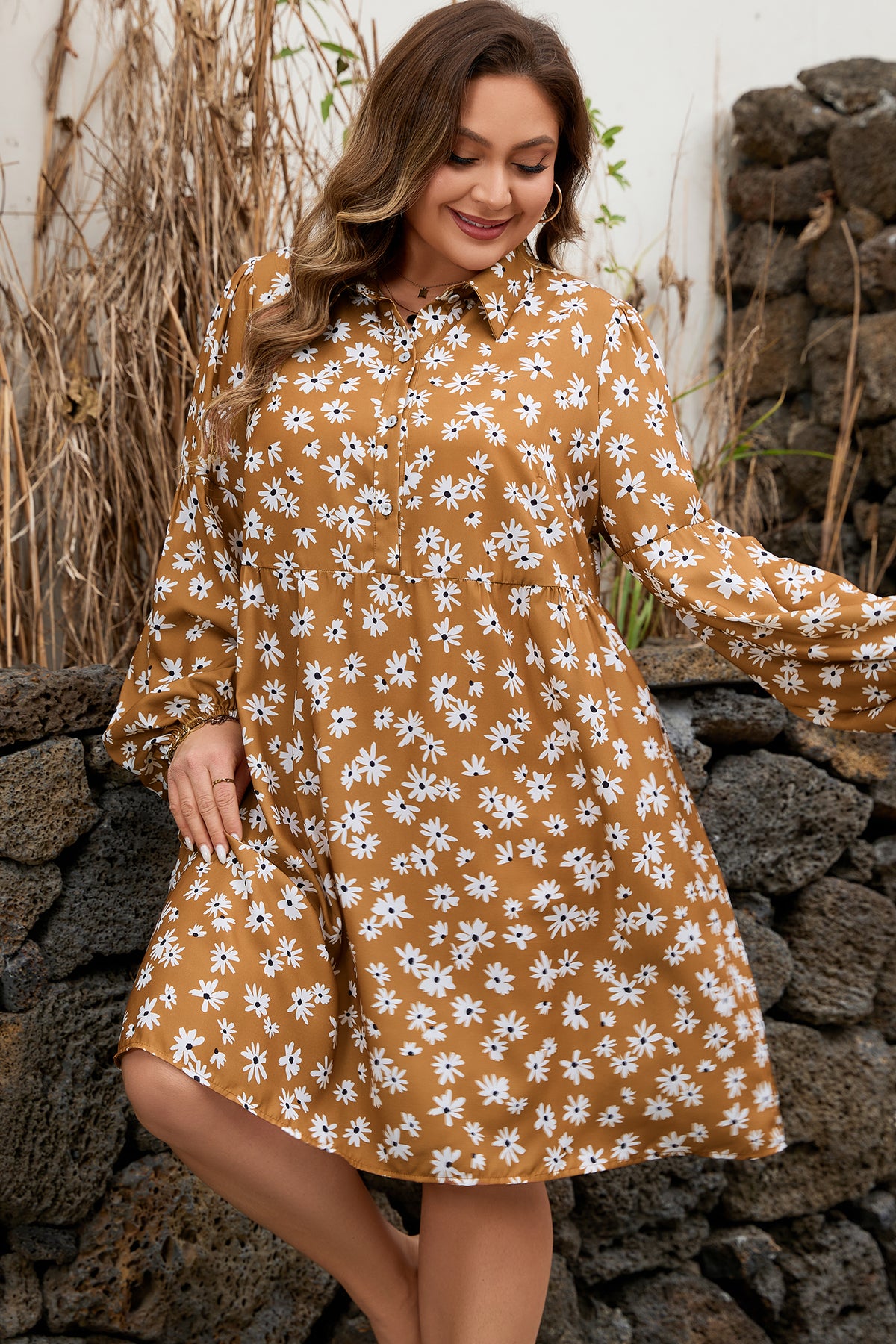 Plus size khaki floral print dress with daisy pattern, button front, split neckline, and puff sleeves by Dear-Lover.