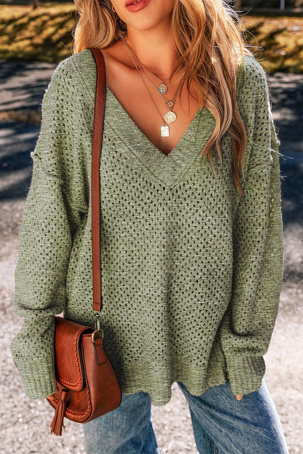Jungle Green Eyelet V-Neck Sweater