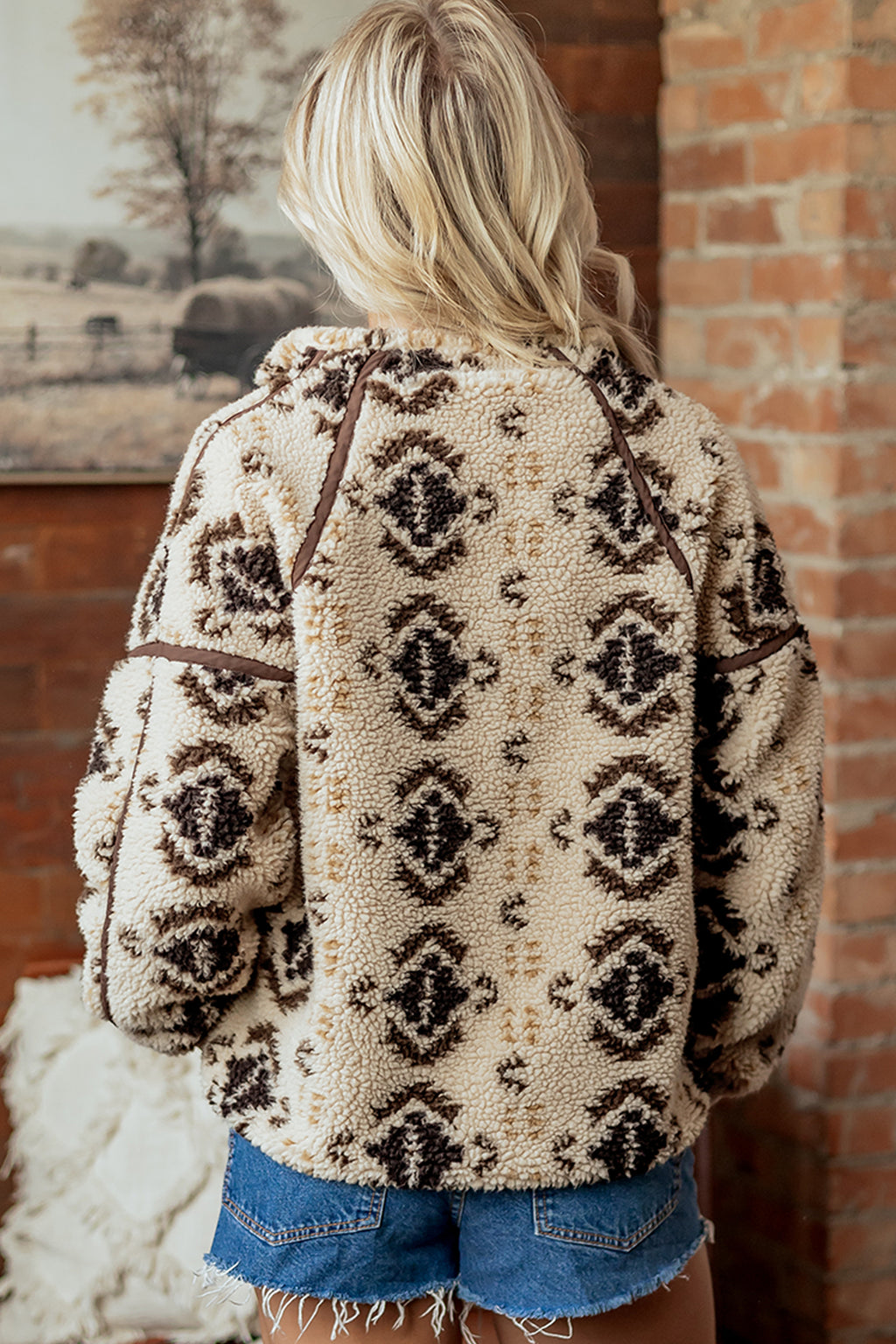 Khaki Dear-Lover geometric print fleece pullover sweatshirt with western-inspired pattern, casual long-sleeve top for women.