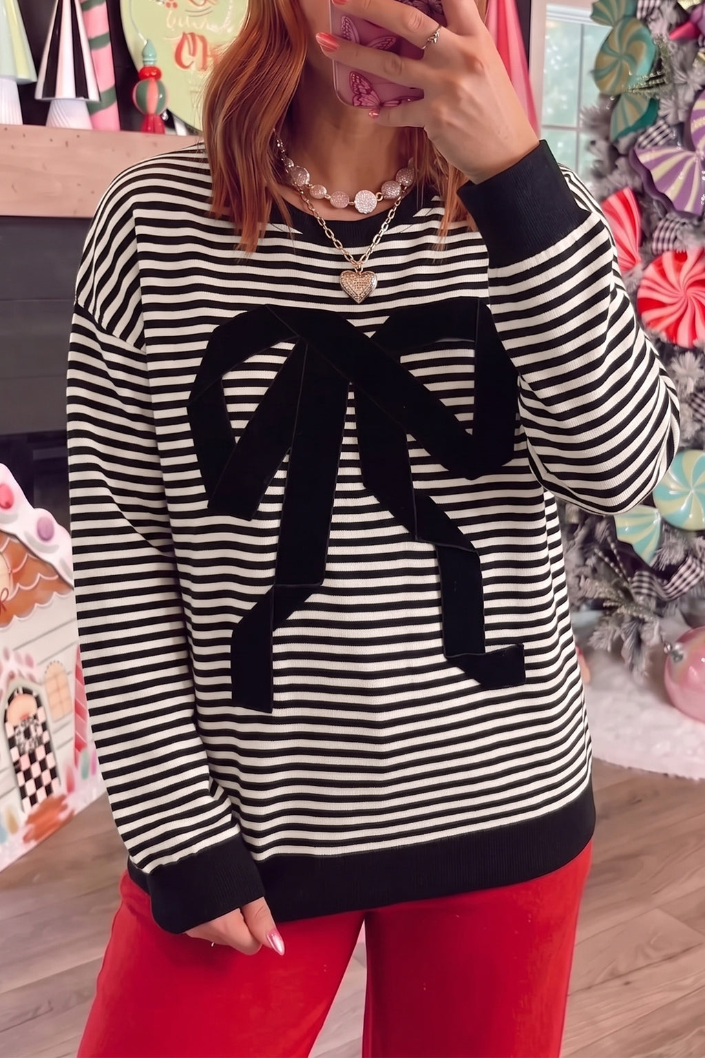 Black Stripe Velvet Bow Drop-Shoulder Relaxed Sweatshirt