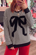 Black Stripe Velvet Bow Drop-Shoulder Relaxed Sweatshirt