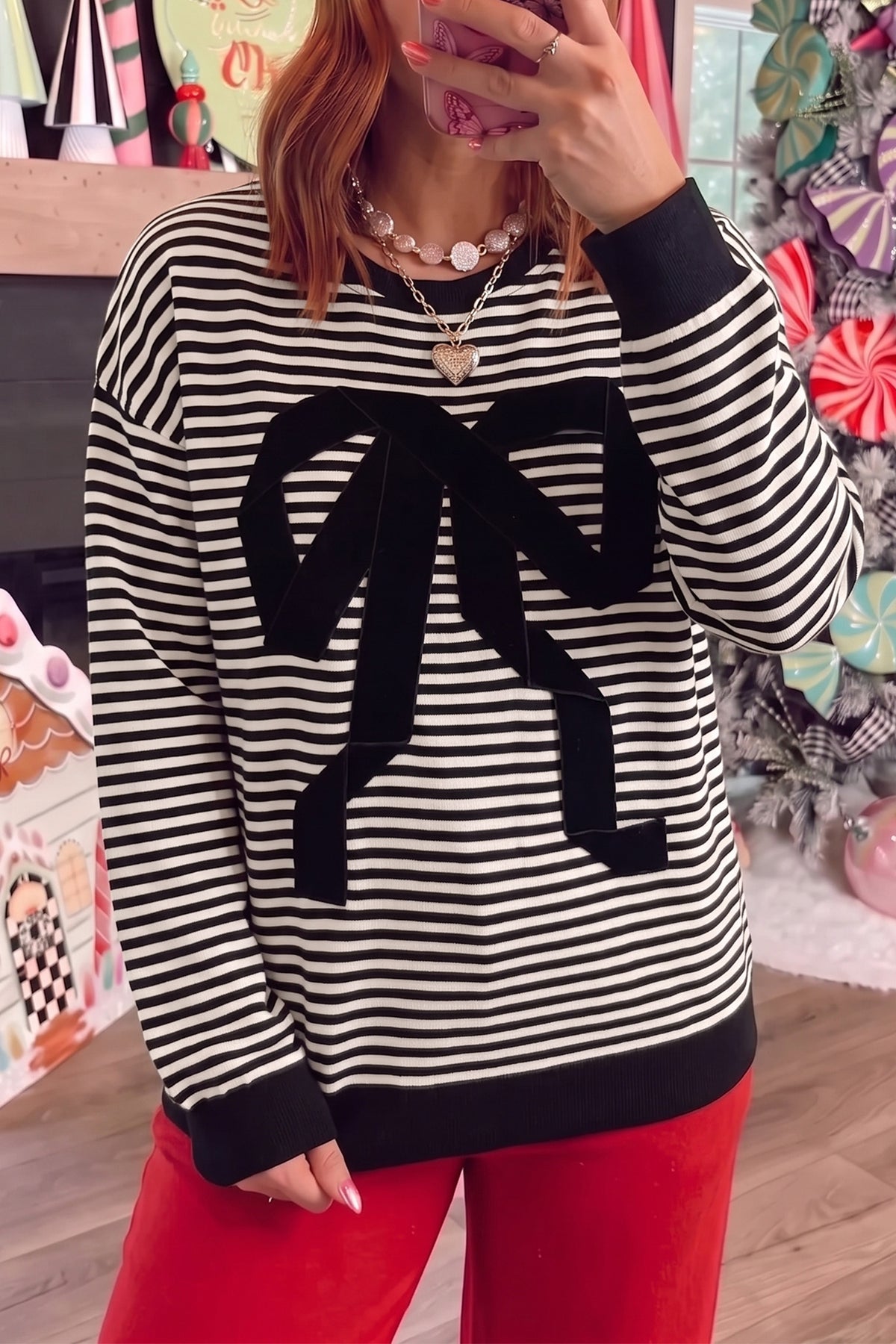 Black Stripe Velvet Bow Drop-Shoulder Relaxed Sweatshirt