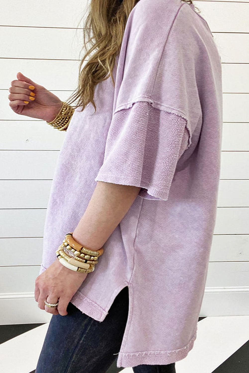 Orchid Petal Mineral Wash Drop Sleeve Patchwork Plus Tee by Dear-Lover, featuring colorful patchwork and relaxed fit.