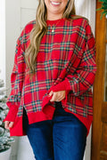 Red Plus Size Festive Plaid Long Sleeve Split Tunic Sweatshirt