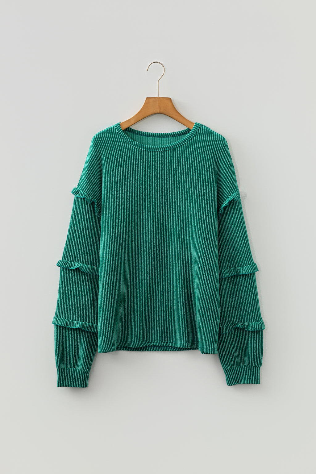 Evergreen Twisted Ribbed Tiered Ruffles Long Sleeve Pullover Top