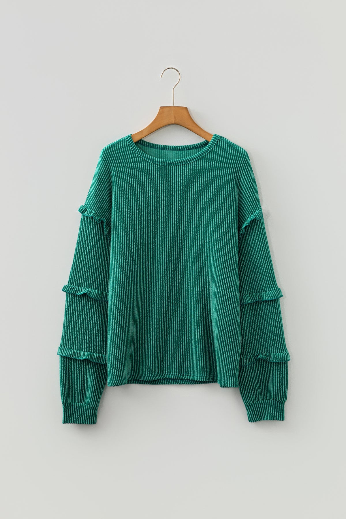 Evergreen Twisted Ribbed Tiered Ruffles Long Sleeve Pullover Top