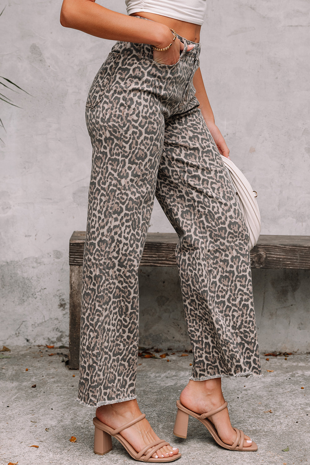 Leopard Frayed Wide-Leg Jeans