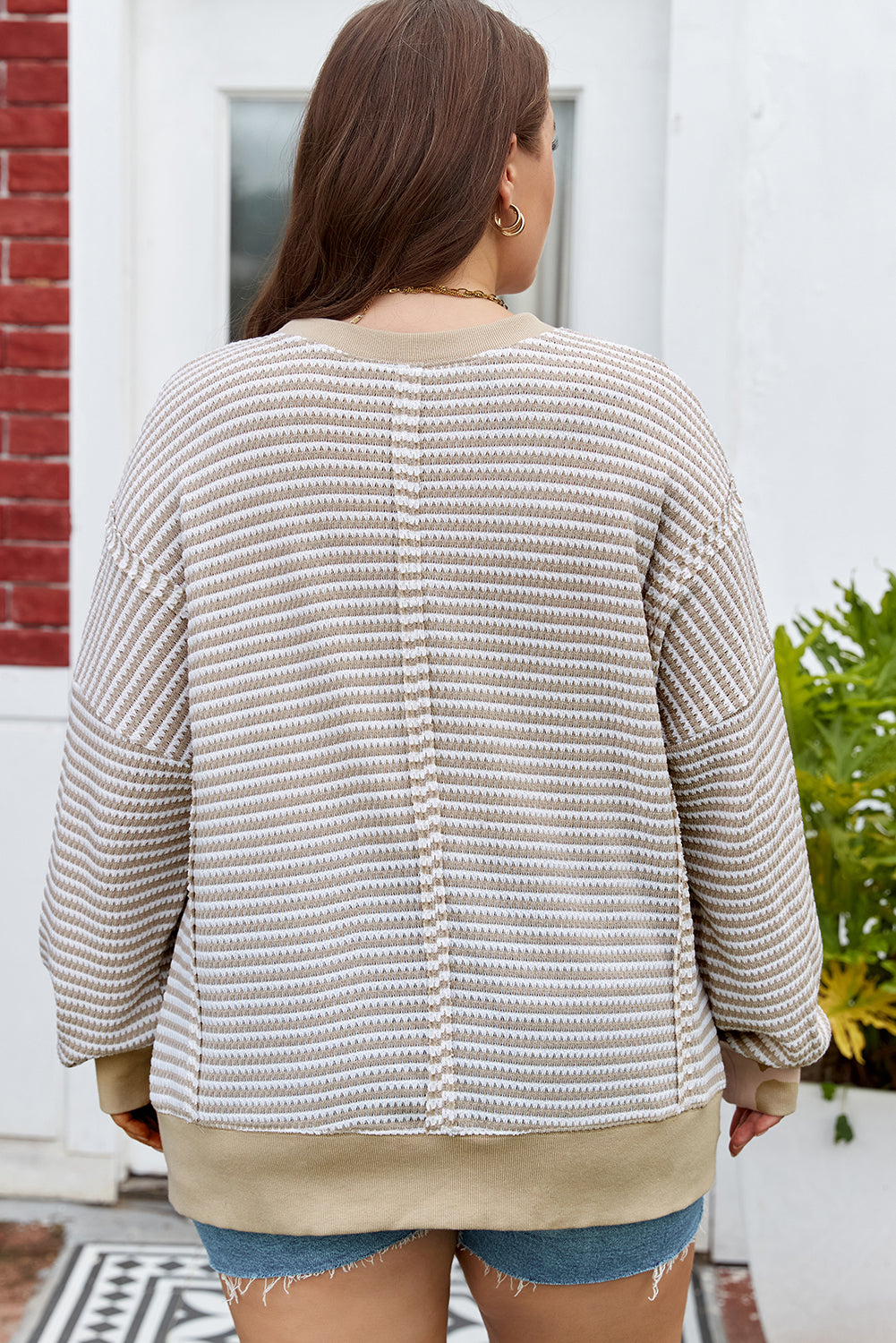 Brown stripe plus size long sleeve knit top with breathable fabric and ribbed trim, stylish and comfortable from Dear-Lover.