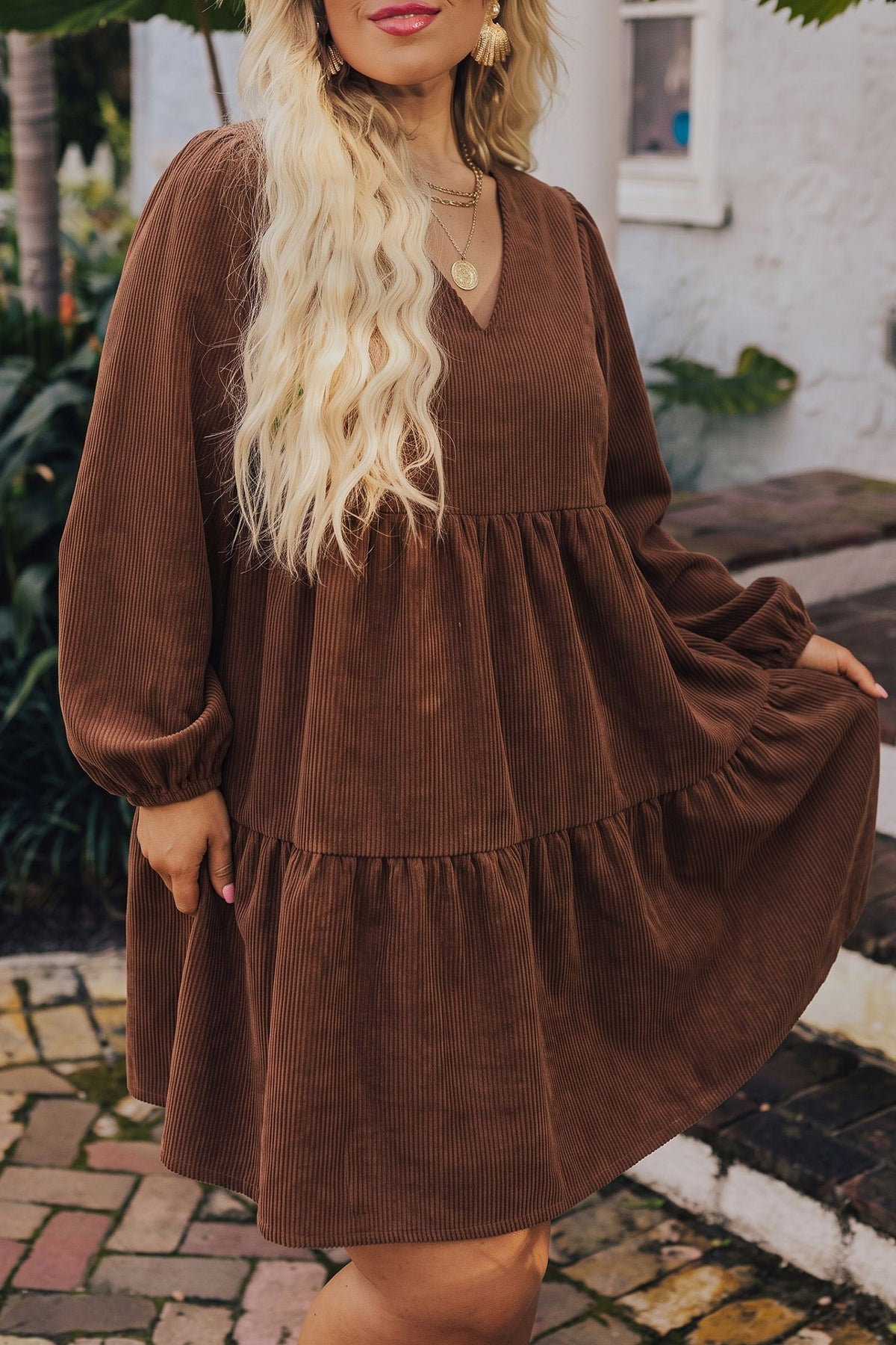 Plus size Dear-Lover corduroy V-neck long sleeve mini dress for winter, featuring a stylish and comfortable fit.