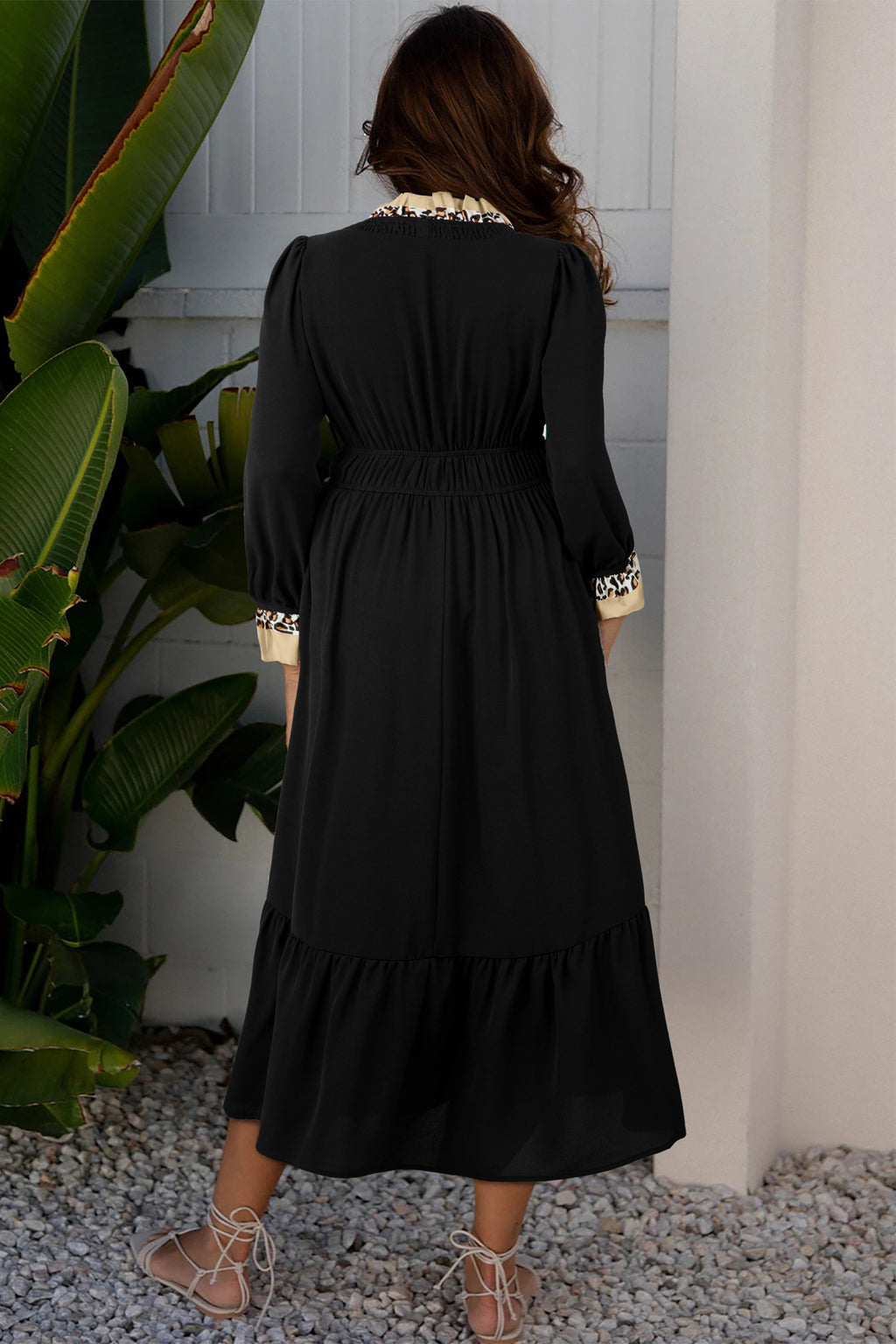 Black Leopard-Trim Midi Dress