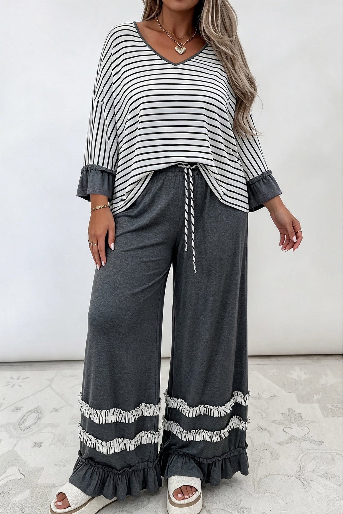 Gray stripe ruffled bracelet sleeve V-neck plus size top from Dear-Lover featuring a flattering long sleeve design and ruffle details.