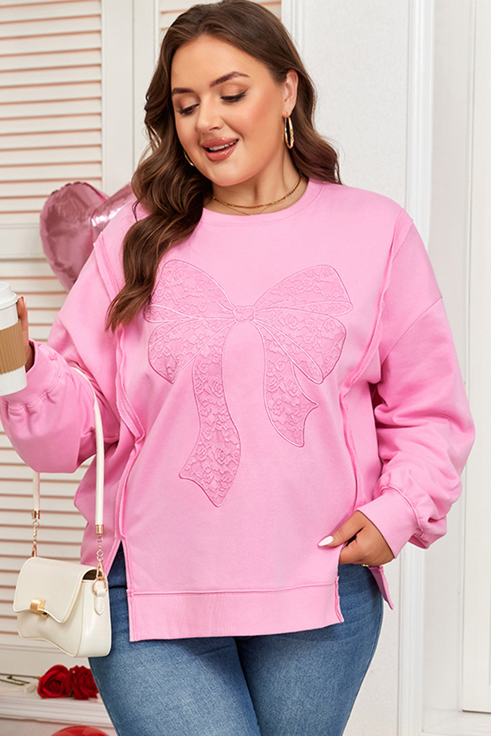 Pink plus size sweatshirt with big bow lace embroidery and slit dolman sleeves, stylish and comfortable for casual wear.