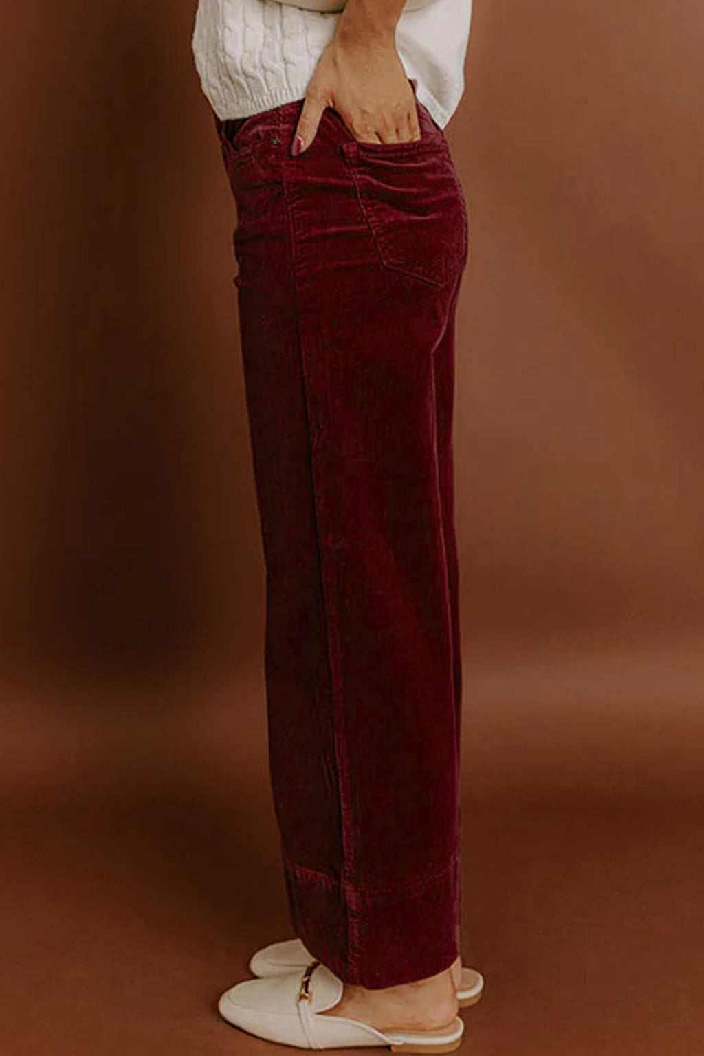 Burgundy corduroy high waist wide leg pants from Dear-Lover, featuring a solid color and stylish culotte design.