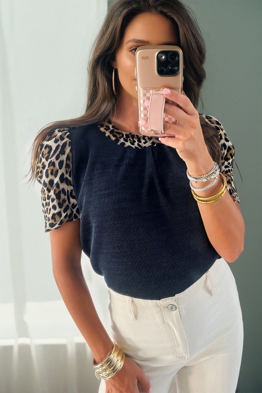 Navy Blue Ribbed Contrast Leopard Patchwork Short Sleeve Top