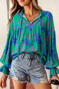 Green Abstract V-Neck Flounced Puff Sleeve Blouse