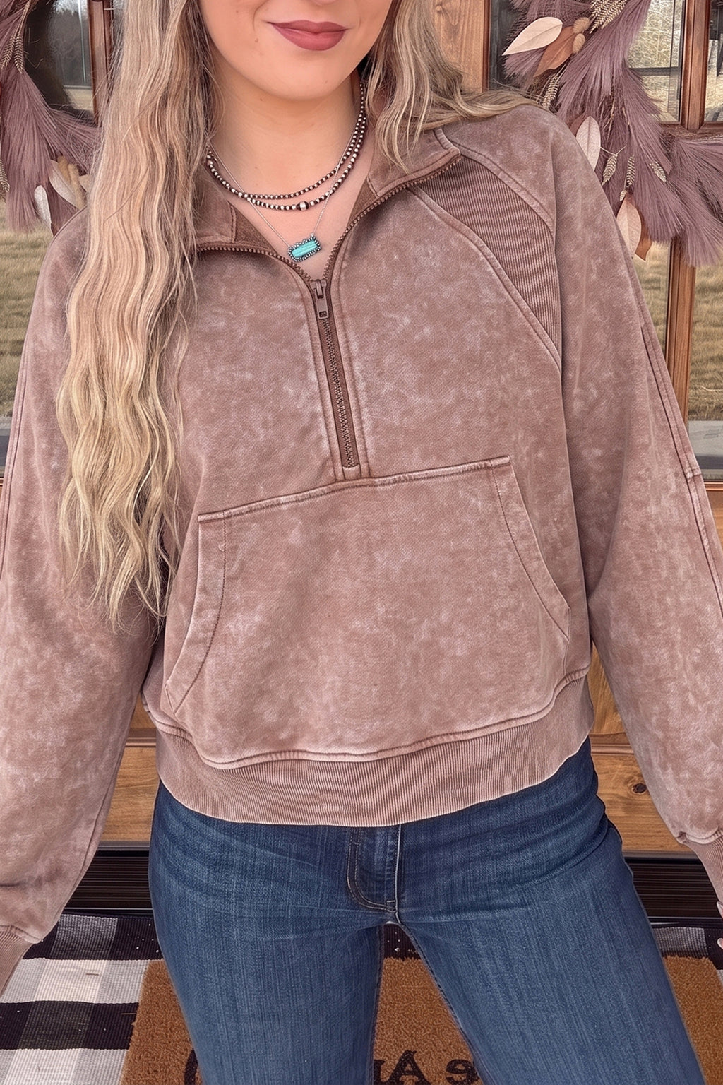 Chestnut Vintage Half-Zip Long-Sleeve Ribbed Cuffs Hem Sweatshirt