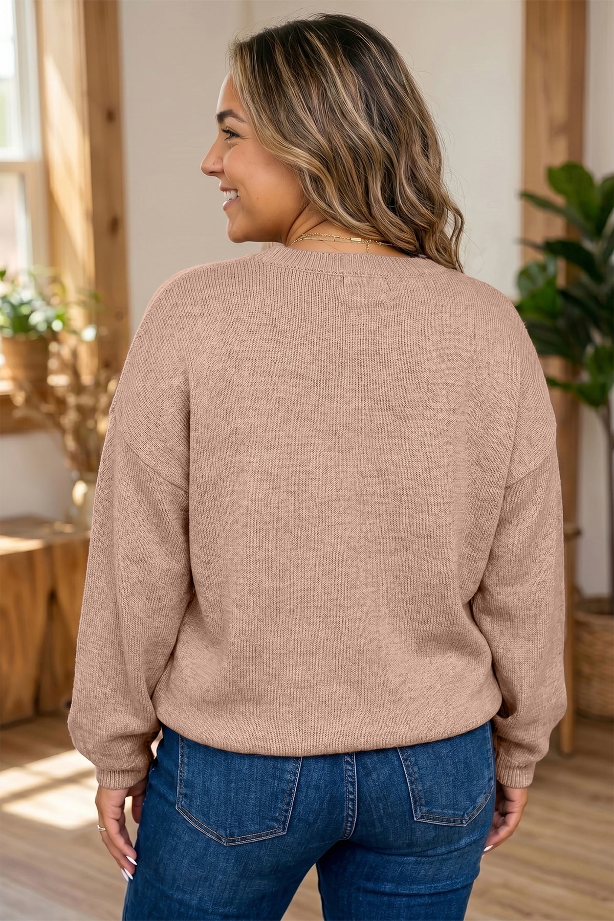 Plus size dark khaki sweater with leopard bow embroidery, drop shoulder design, by Dear-Lover, perfect for casual plus size fashion.
