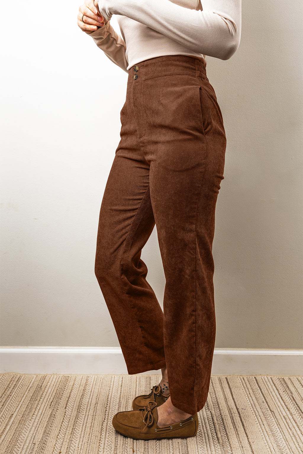 Light brown corduroy ankle-length pants with elastic waist and straight-leg design from Dear-Lover, showing front view.