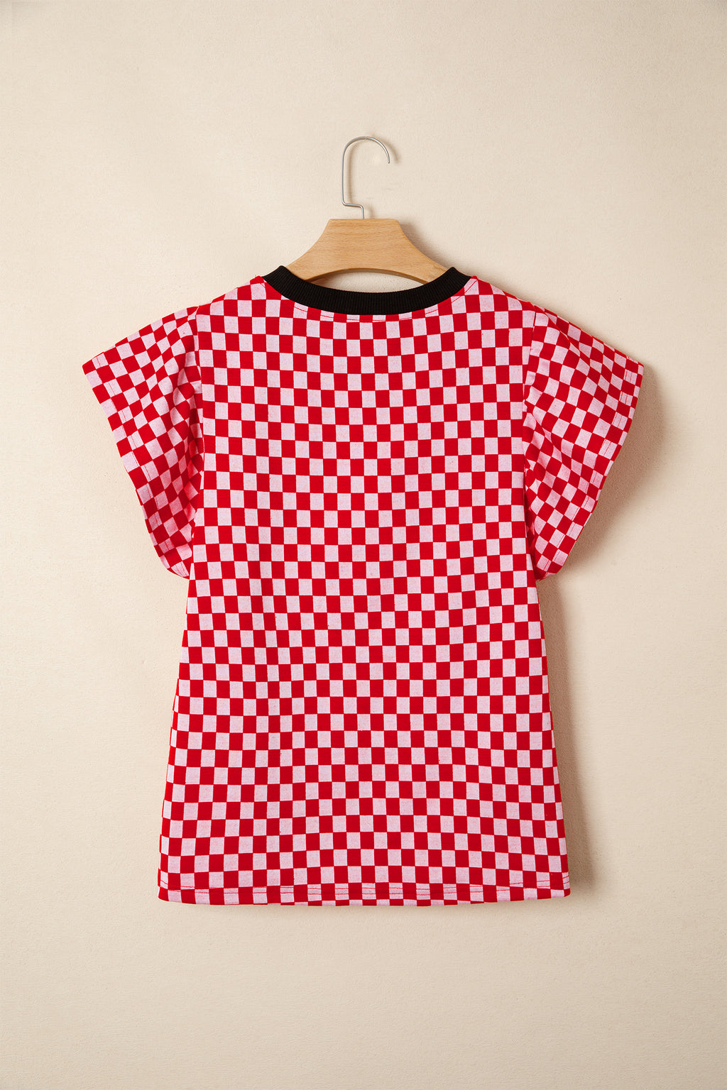 Red Checkered Print Ruffle Short Sleeve Contrast Trim Round Neck Top
