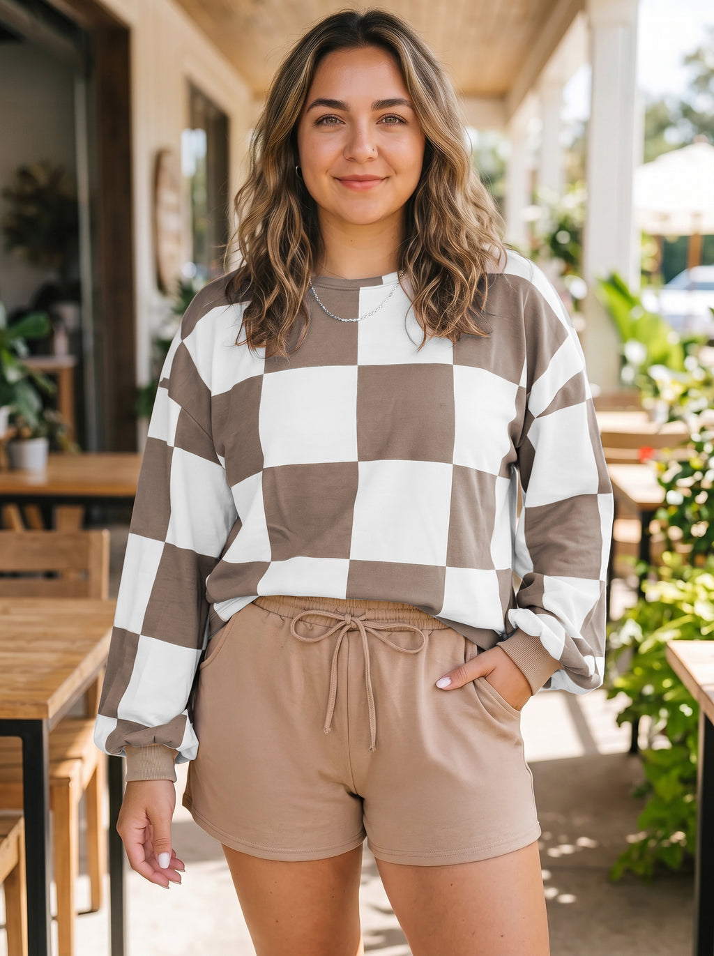 Plus Size Khaki Checkered Shorts Set