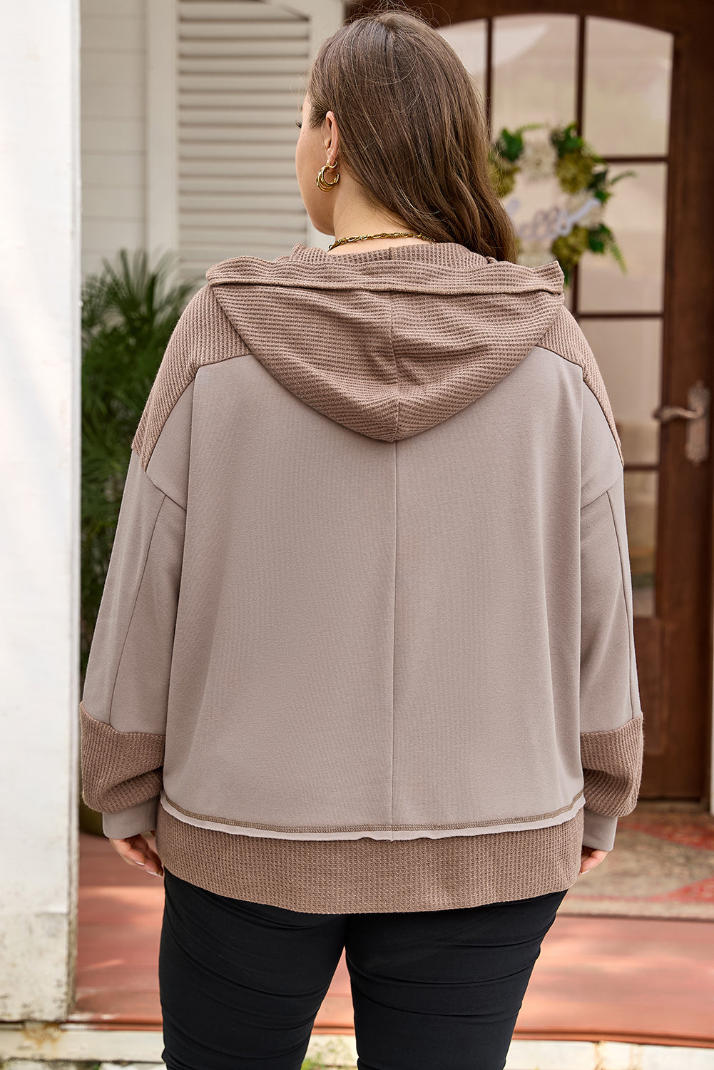 Plus size Dear-Lover Waffle Contrast Patchwork Hoodie with front pockets, cozy and stylish plus size sweatshirt for women.