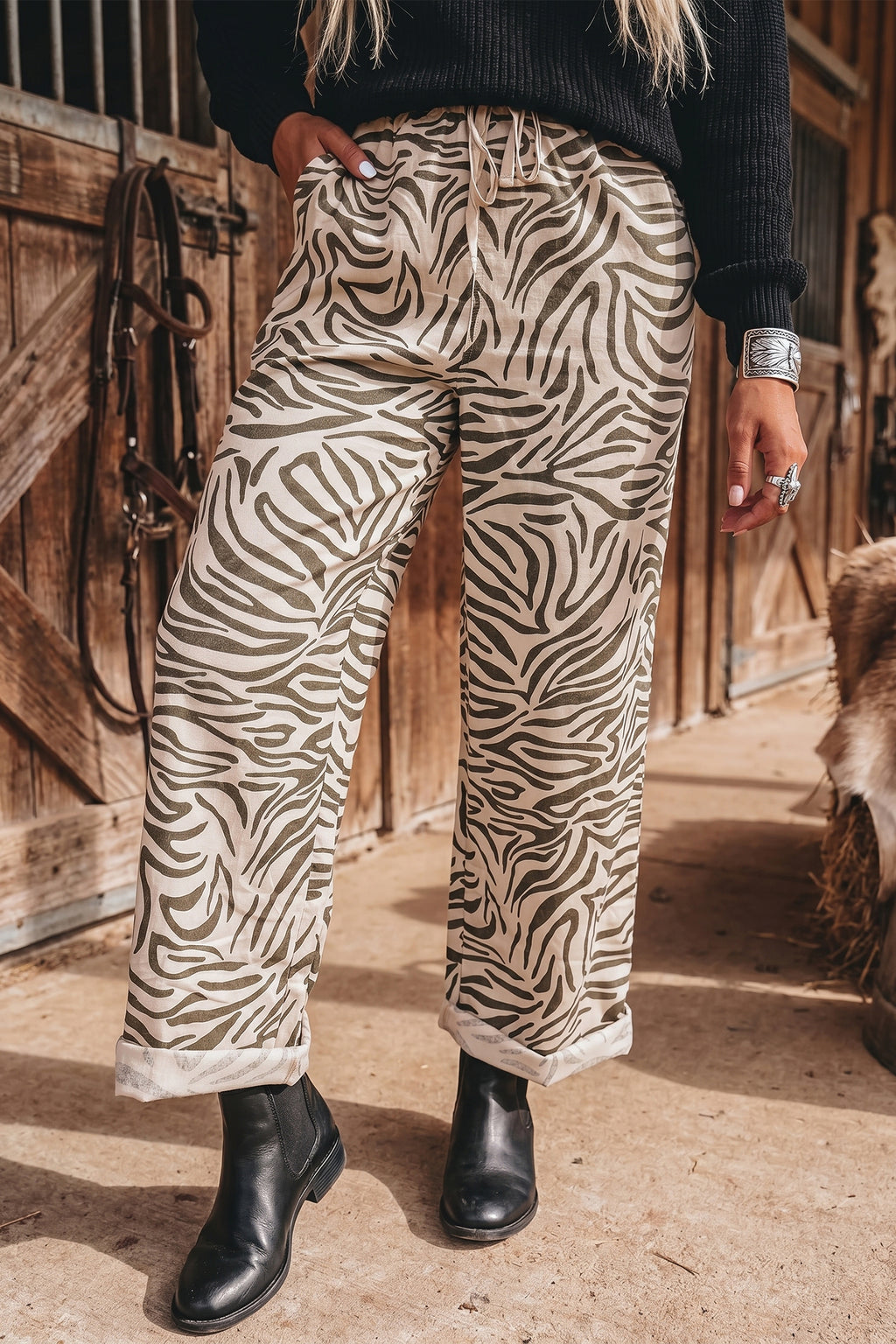 Multicolour zebra print elastic waist full-length pants with pockets, casual Western style from Dear-Lover.