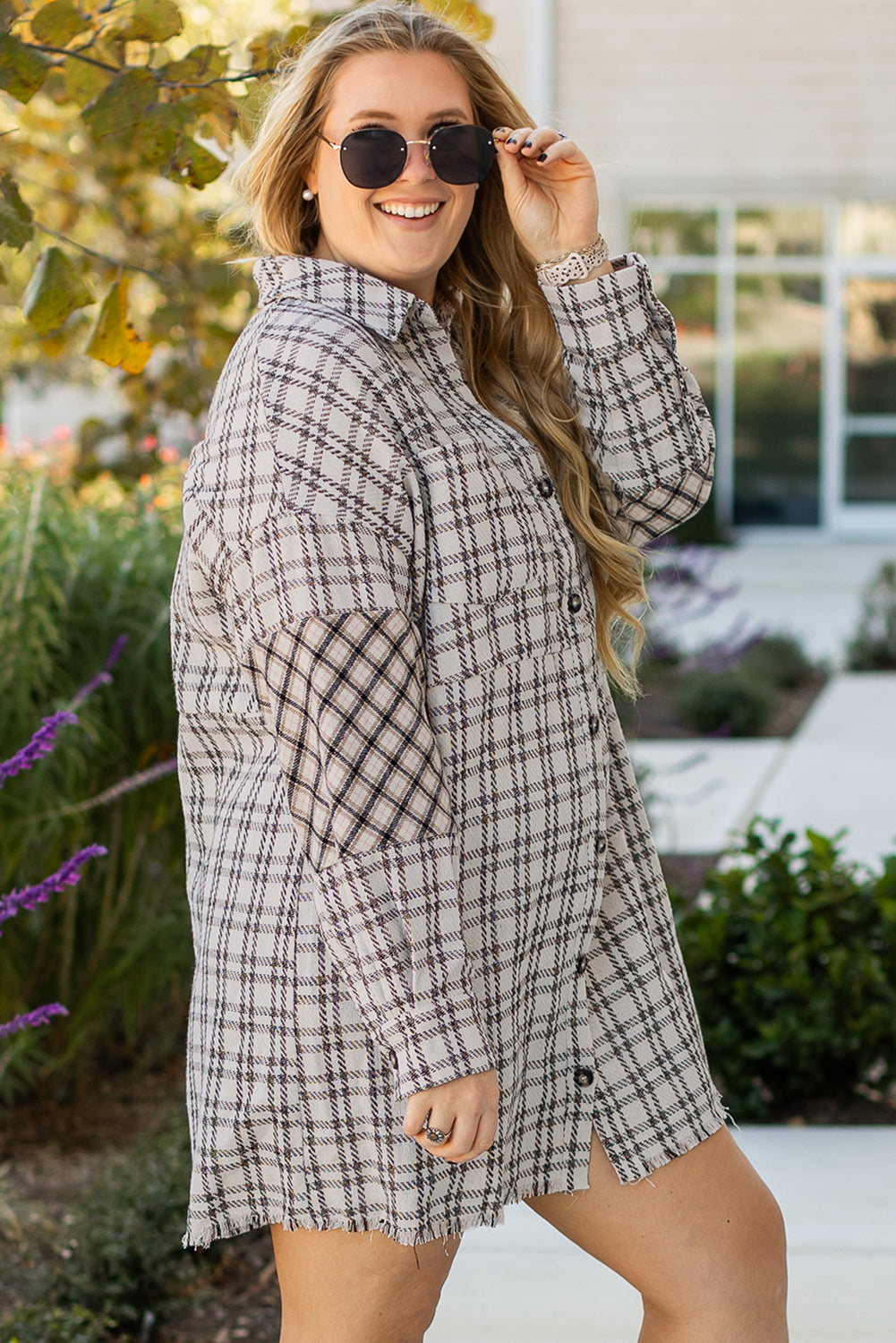 White stripe plus size plaid buttoned tunic shirt dress with raw hem, stylish casual wear from Dear-Lover.