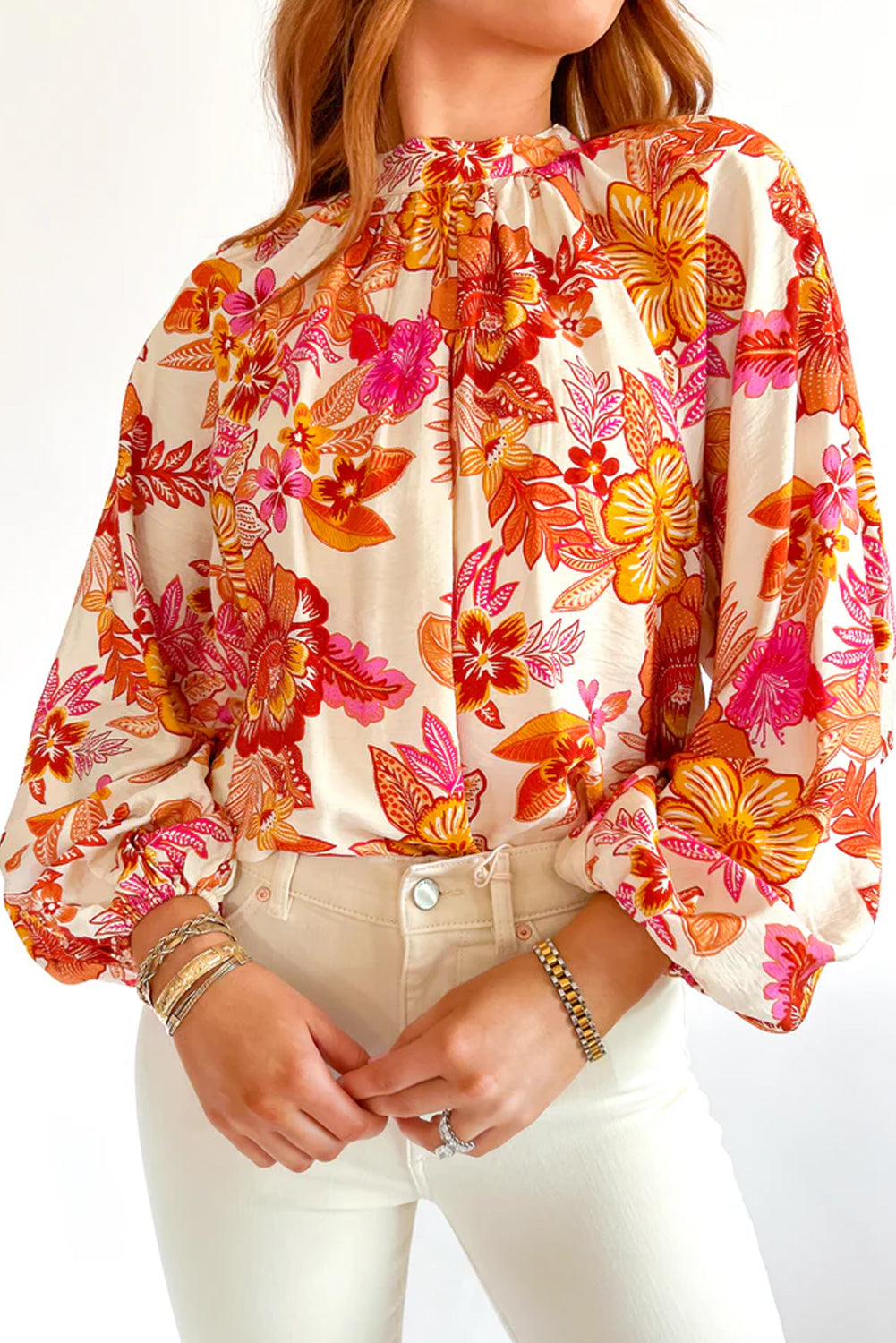 Orange Floral Pearl-Button Blouse