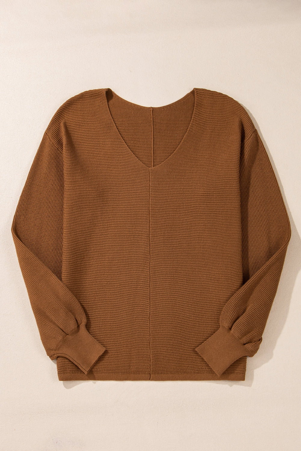Camel Ribbed-Knit V-Neck Sweater