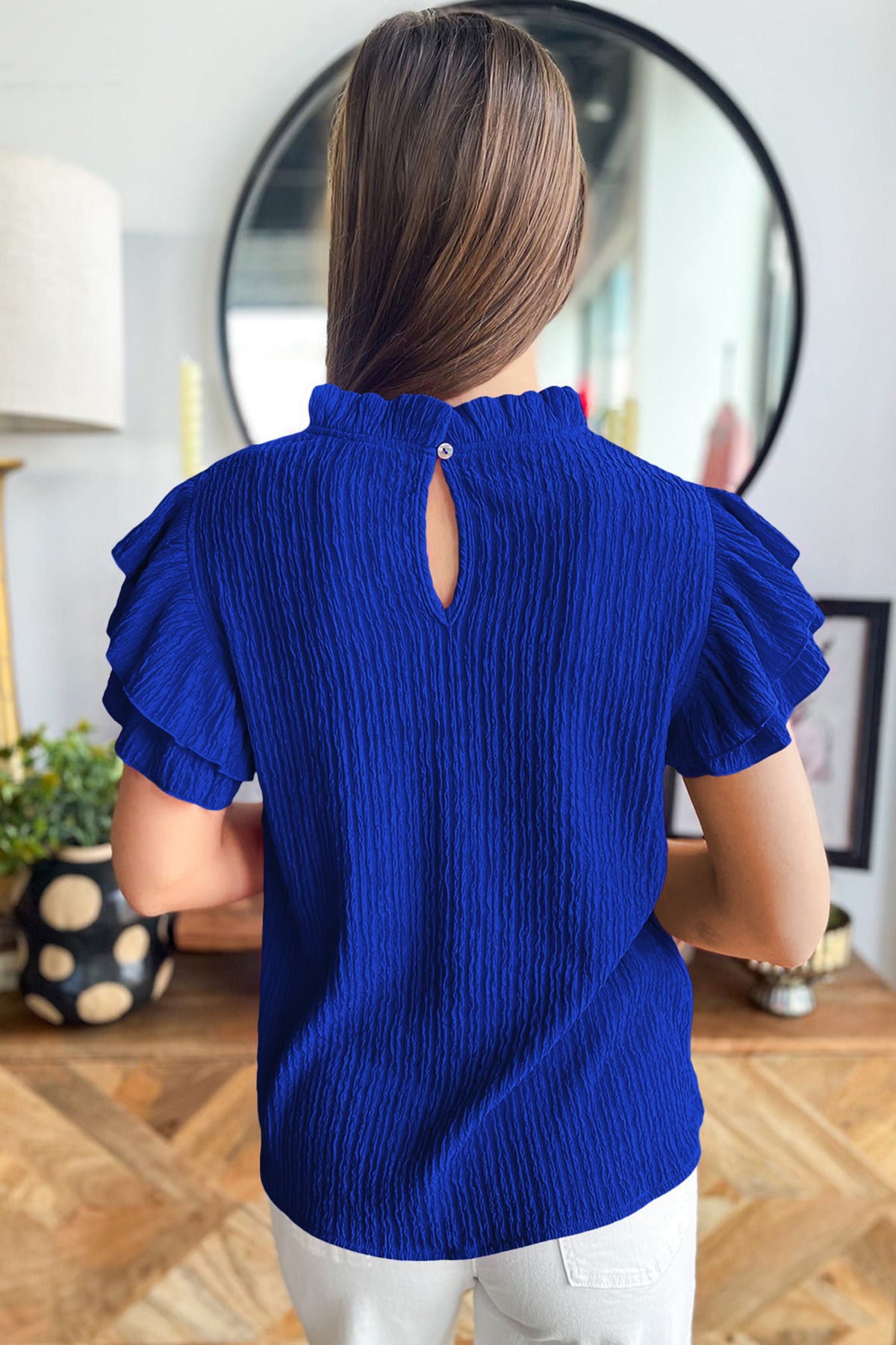 Black Textured Ruffle-Trim Blouse