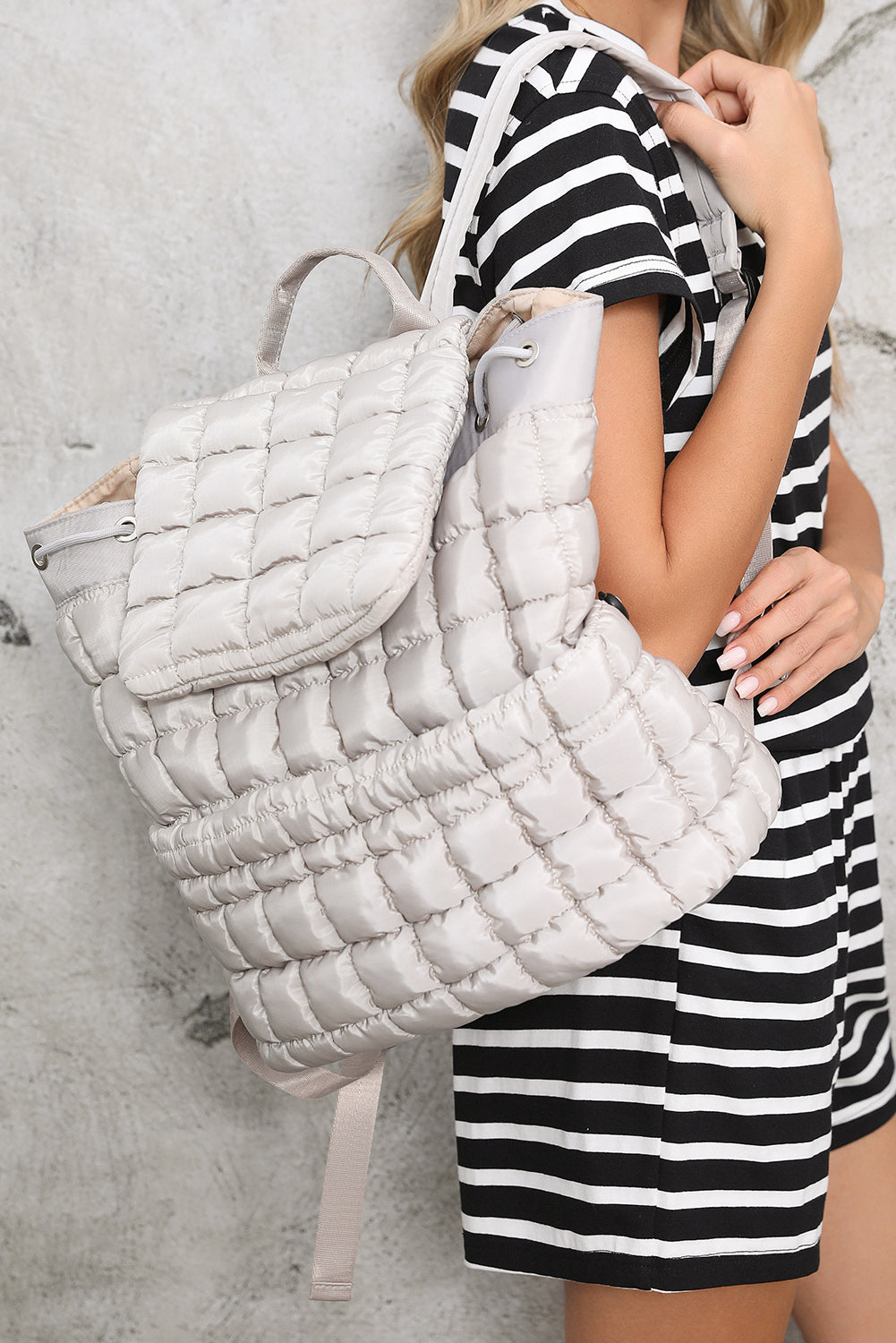 Black Solid Flapped Quilted Puffer Backpack