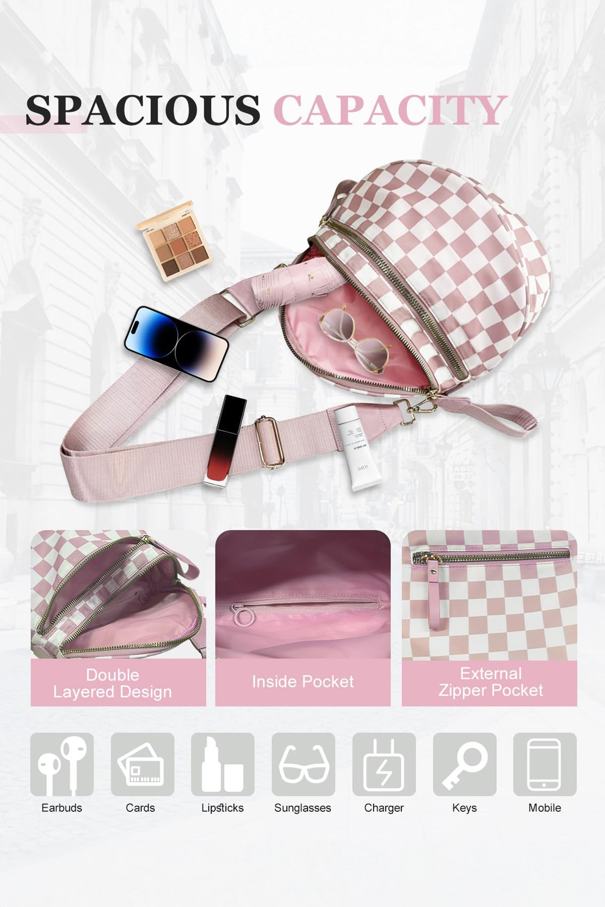 Phalaenopsis Checkered Print Wide Strap Large Crossbody Bag