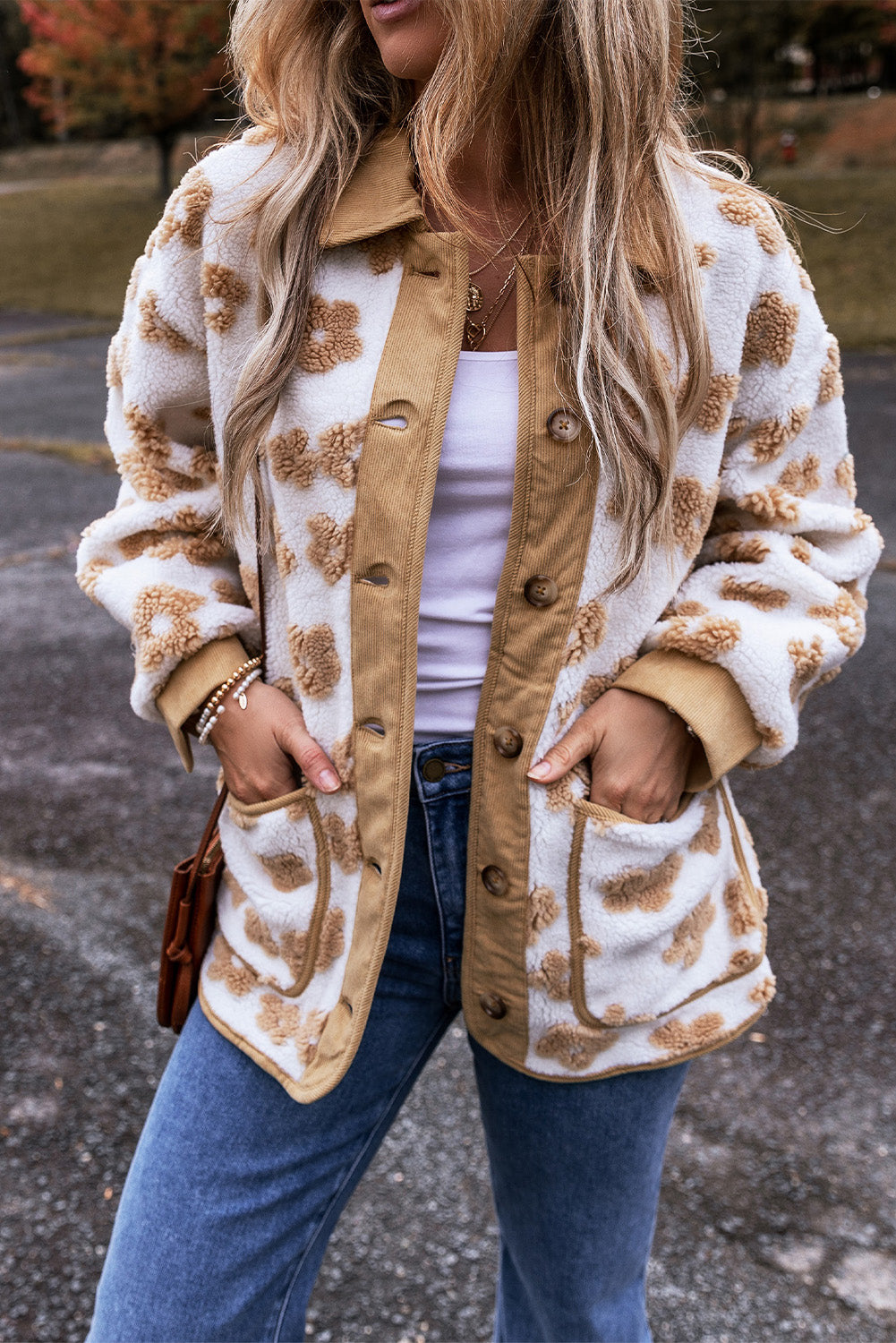 French Beige Flower Button-Up Fleece Jacket
