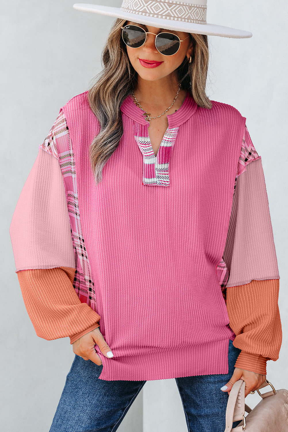 Textured Plaid Color Block Patchwork Long Sleeve Top
