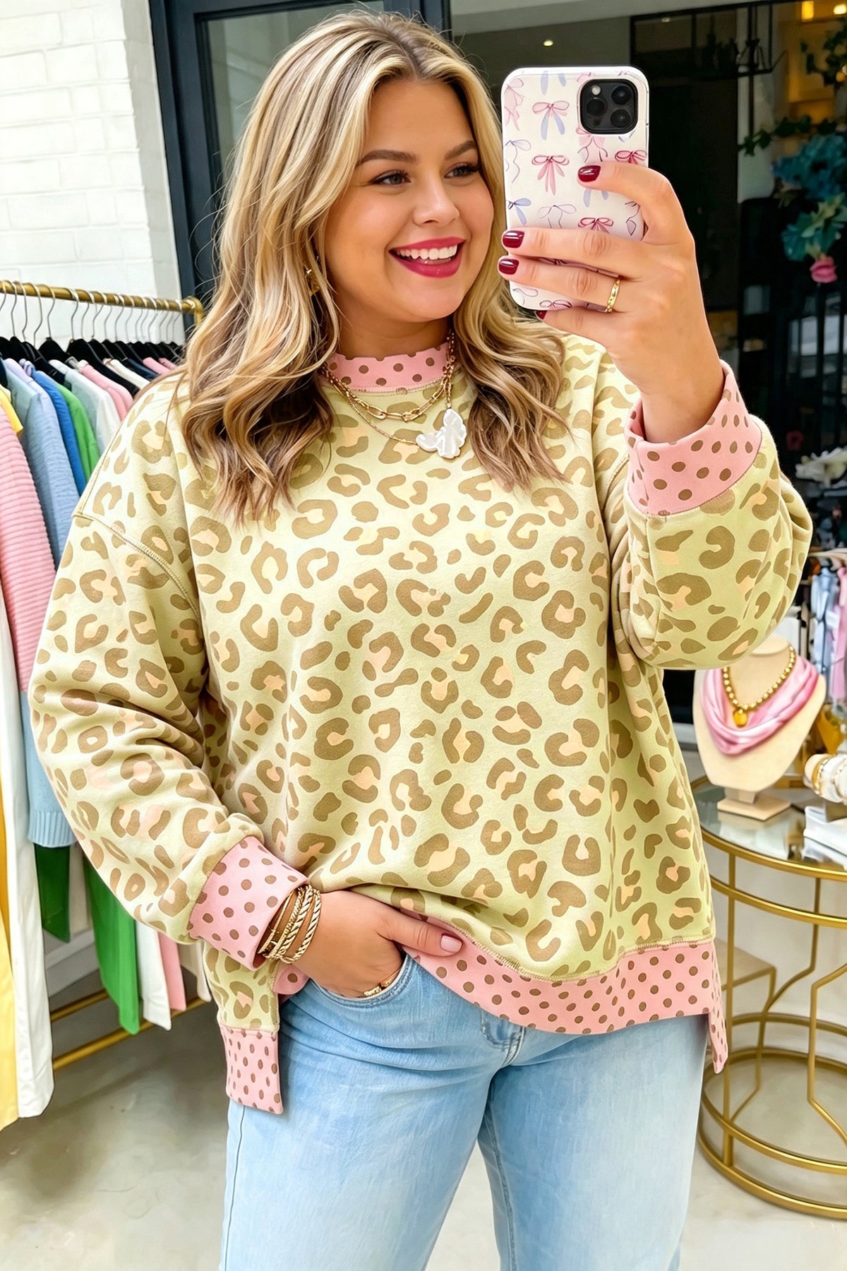 Plus size brown long sleeve top with leopard print and contrast polka dot trim, from Dear-Lover, stylish and comfortable for casual wear.
