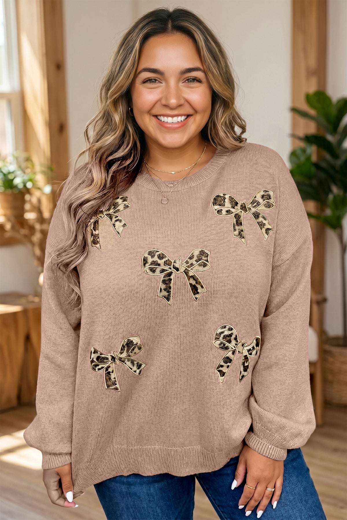 Plus size dark khaki leopard bow embroidery drop shoulder sweater from Dear-Lover, featuring a stylish and comfortable design.