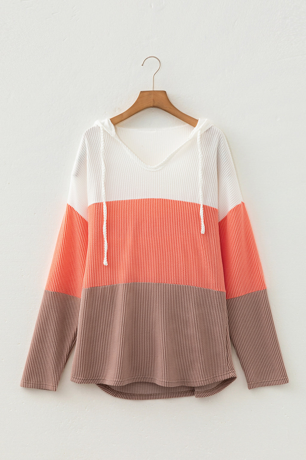 Gold Flame Ribbed Colorblock Hooded Pullover Long-Sleeve Top