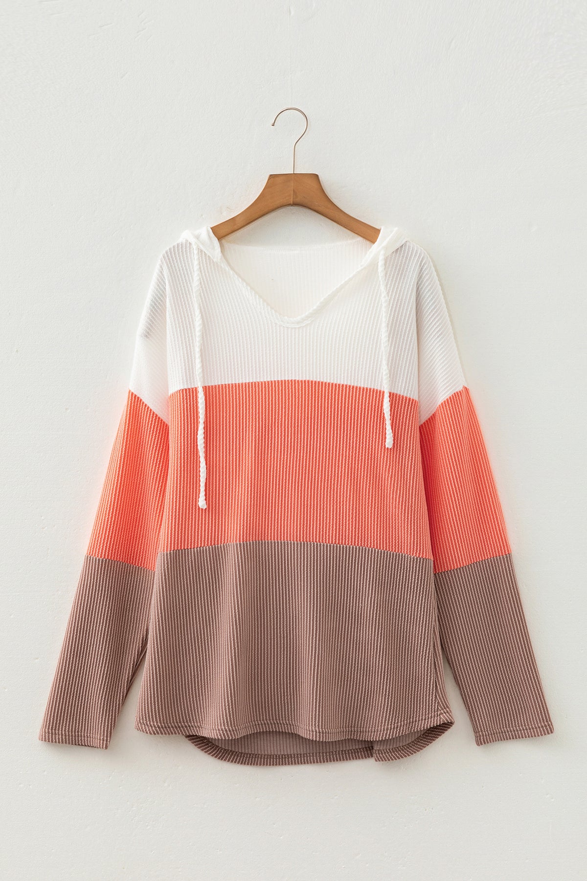 Gold Flame Ribbed Colorblock Hooded Pullover Long-Sleeve Top